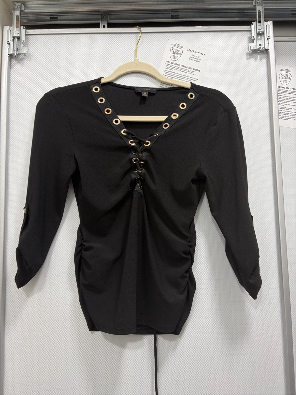 bebe Black Lace-Up V-Neck Top with Gold Eyelets